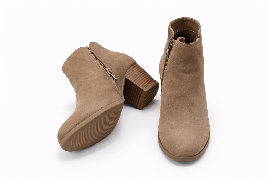Suede Ankle Boot with Block Heel  -- Taupe