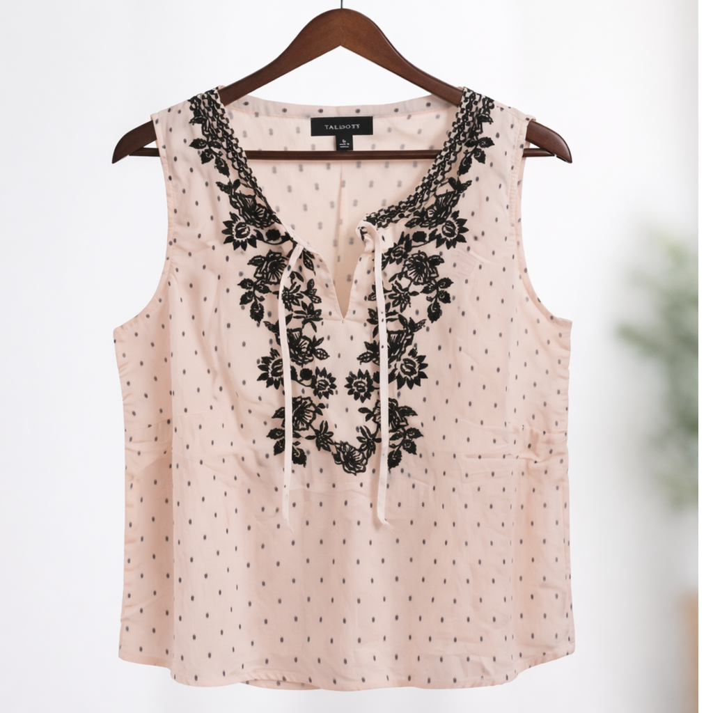 Talbots Sleeveless Blouse with Black Embroidery -- Pink blouse
